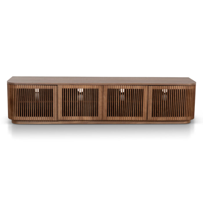 Walnut entertainment unit with sleek design and cable management for modern living spaces