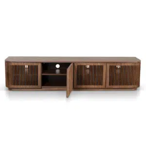 Walnut entertainment unit with sleek design and cable management for TVs up to 200cm wide