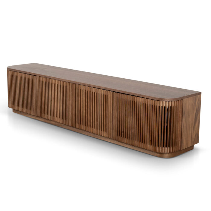Walnut entertainment unit with sleek design and cable management for modern living spaces