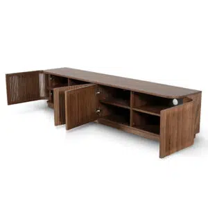 Walnut entertainment unit with modern design and cable management for TVs up to 200cm wide