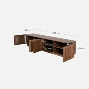 Walnut entertainment unit with sleek design and cable management for TVs up to 200cm wide