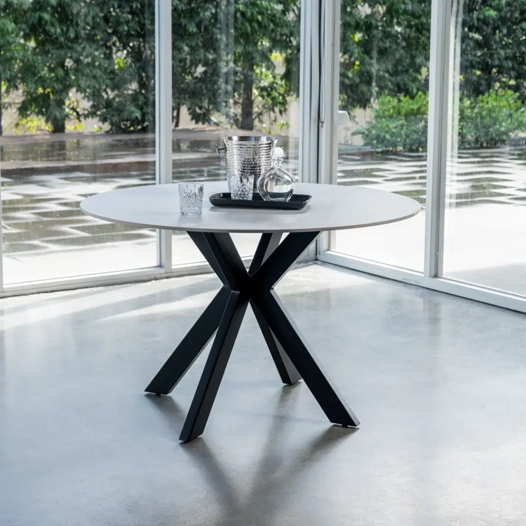 Venice Round Dining Table Snow White Ceramic Black Frame