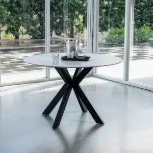Venice Round Dining Table Snow White Ceramic Black Frame