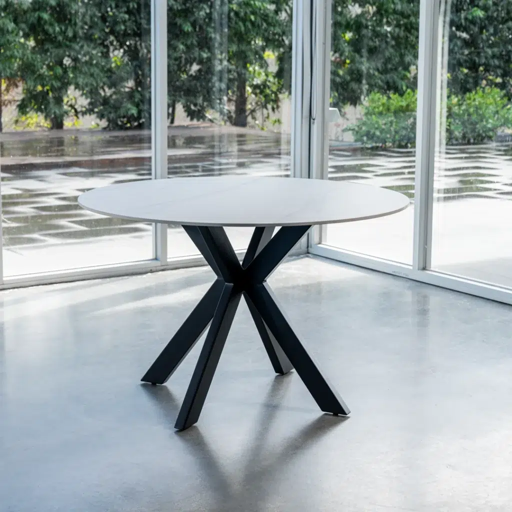 Venice Round Dining Table Snow White Ceramic Black Frame