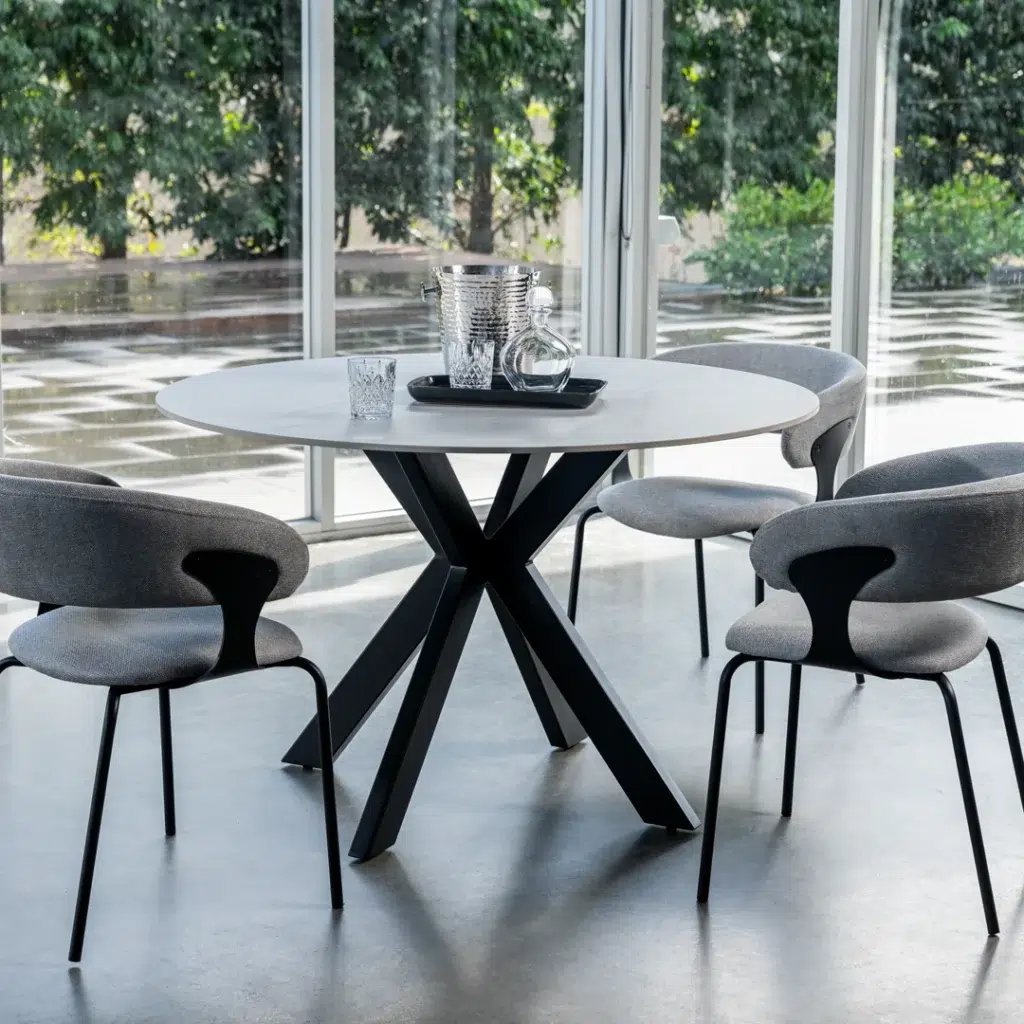 Venice Round Dining Table Snow White Ceramic Black Frame
