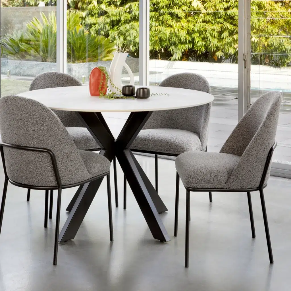 Venice Round Dining Table Snow White Ceramic with Black Frame