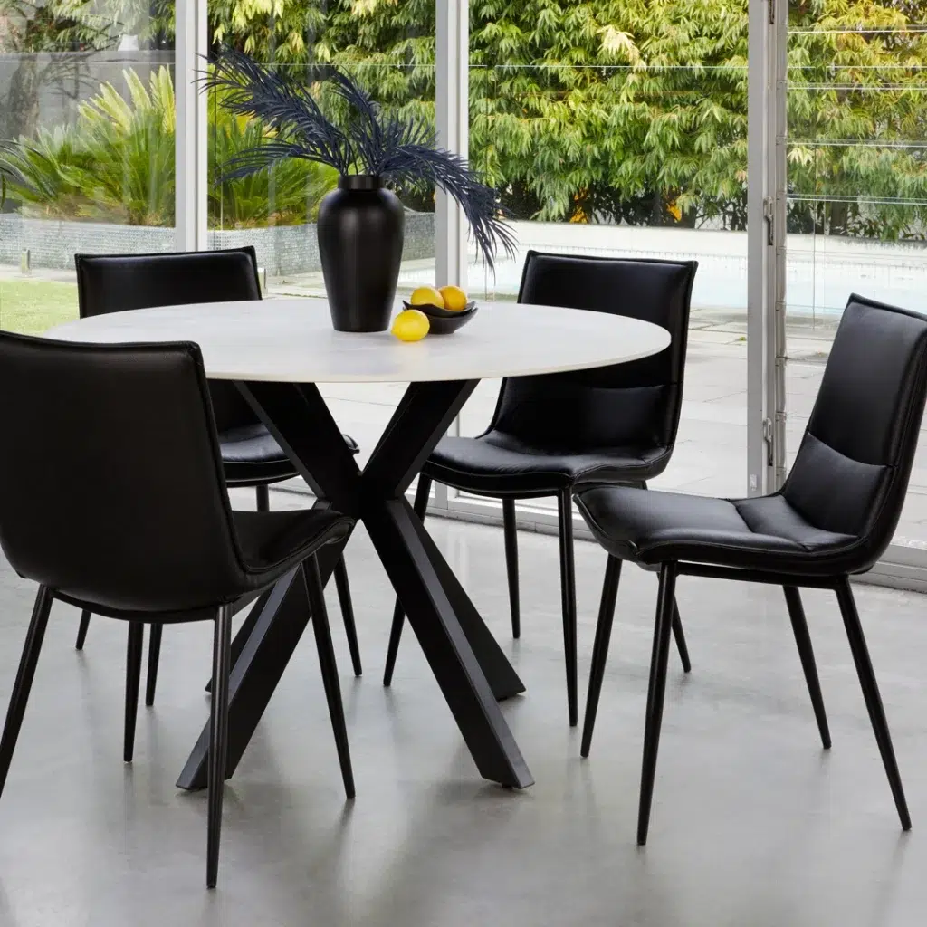 Venice Round Dining Table Snow White Ceramic Black Frame