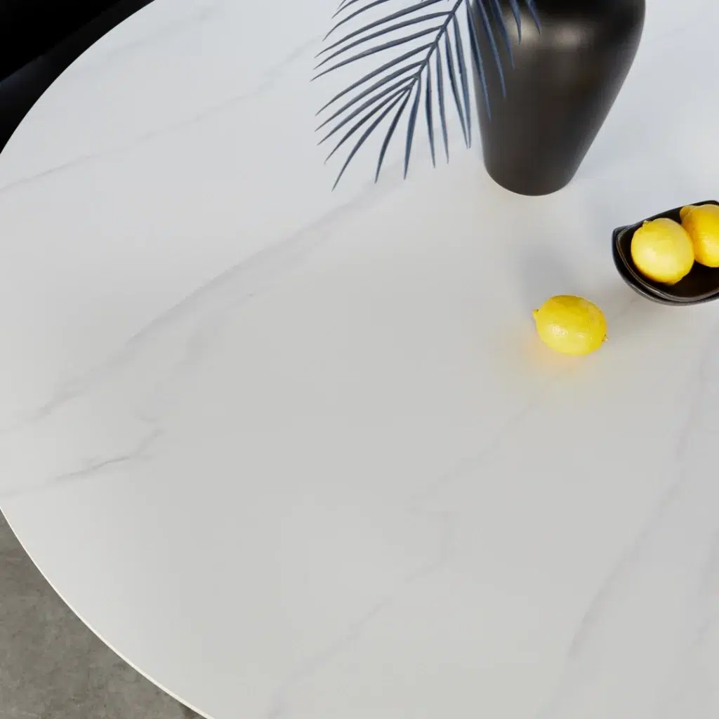 Venice Round Dining Table – Snow White Ceramic with Black Frame