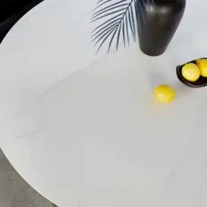 Venice Round Dining Table – Snow White Ceramic with Black Frame