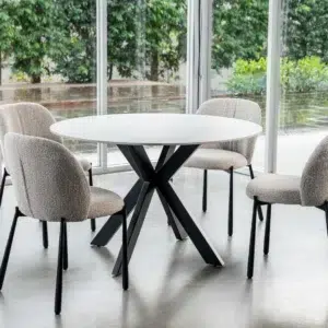 Miya Dining Chair Sand Set of 2 with black metal frame and textured fabric upholstery