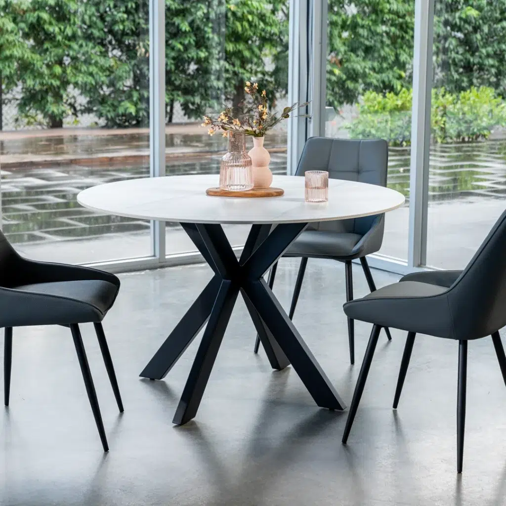 Venice Round Dining Table Snow White Ceramic Black X-Frame