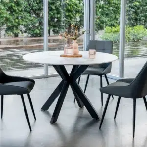 Venice Round Dining Table Snow White Ceramic Black X-Frame
