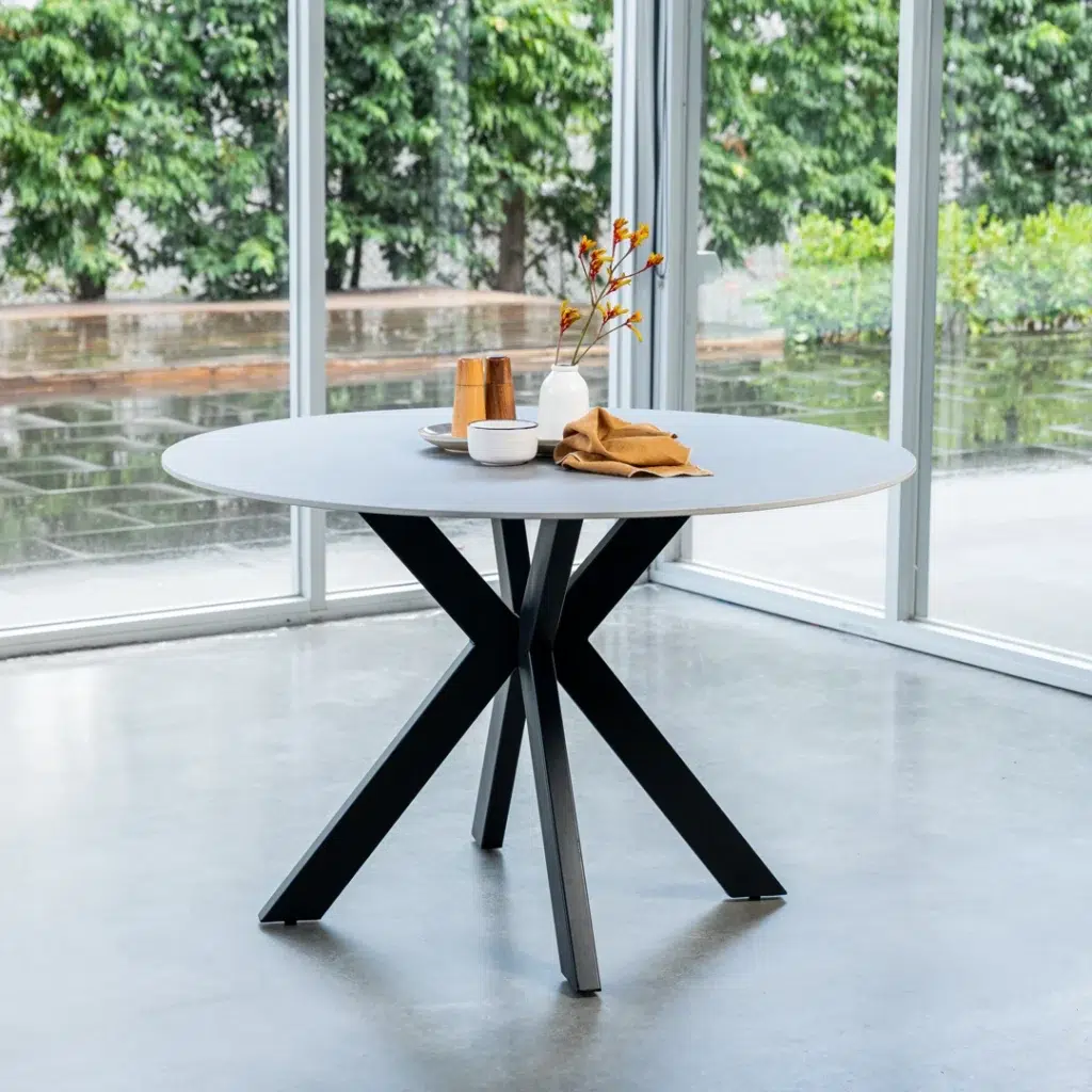 Venice Round Dining Table Bulgarian Grey Marble-Effect Ceramic with Black Legs