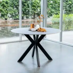 Venice Round Dining Table Bulgarian Grey Marble-Effect Ceramic with Black Legs