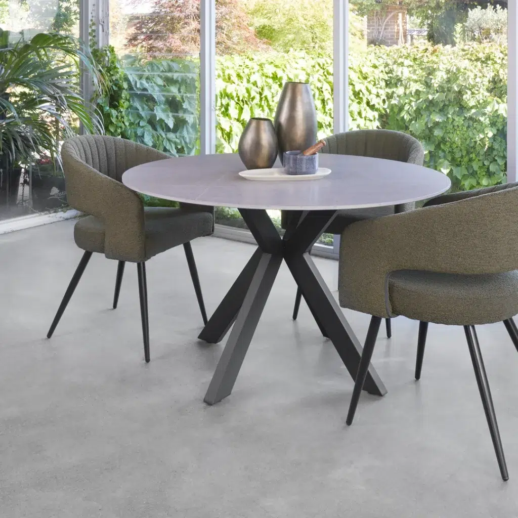 Venice Round Dining Table Bulgarian Grey Marble Ceramic Top with Black Legs