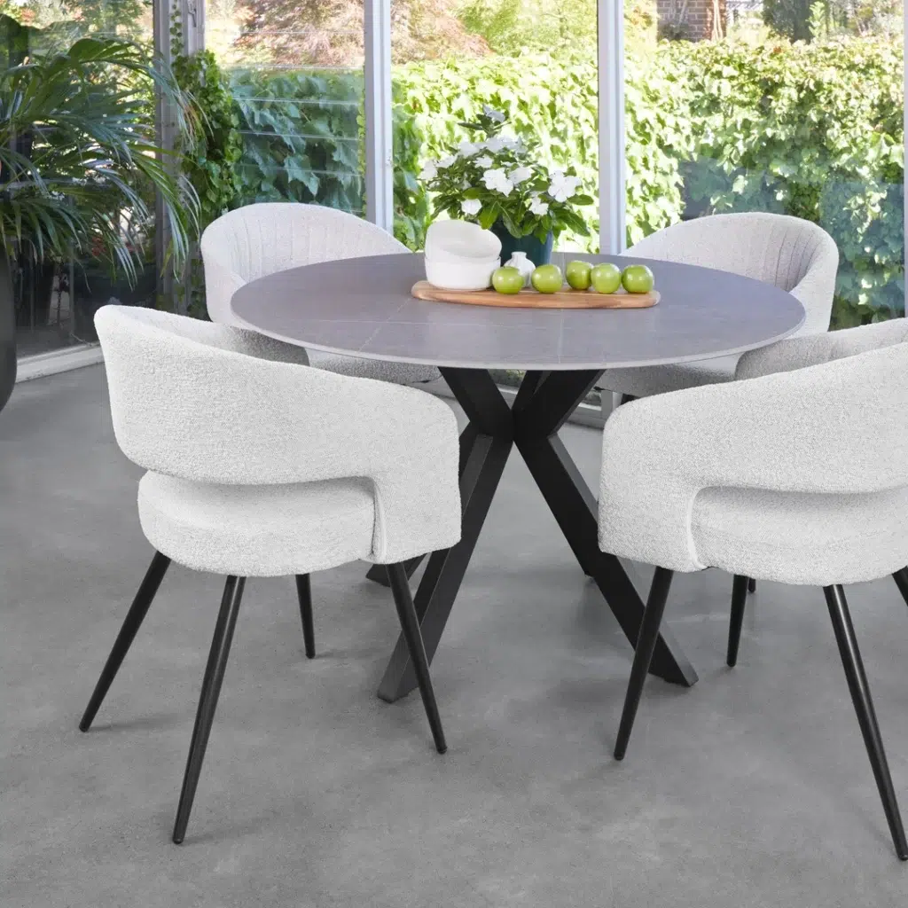 Venice Round Dining Table Bulgarian Grey Marble Ceramic Top Black Metal Legs