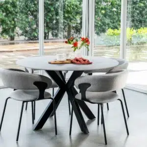 Venice Round Dining Table Bulgarian Grey Marble Effect Black Metal Legs