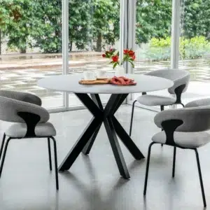 Venice Round Dining Table Bulgarian Grey Marble Ceramic Top Black Metal Legs