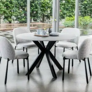 Miya Dining Chair Oyster White Set of 2 with boucle fabric and black metal frame