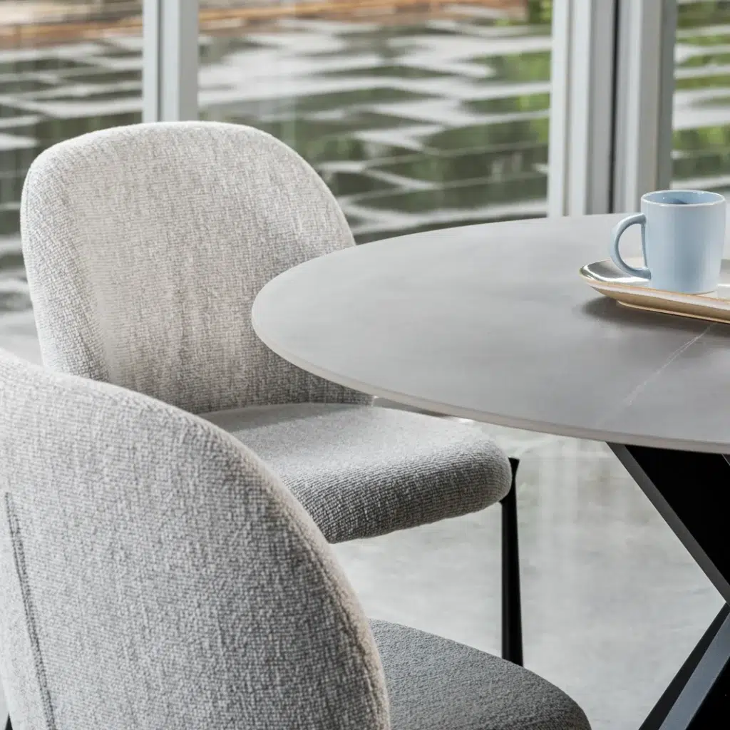 Miya Dining Chair Oyster White Set of 2 with boucle fabric and black metal frame