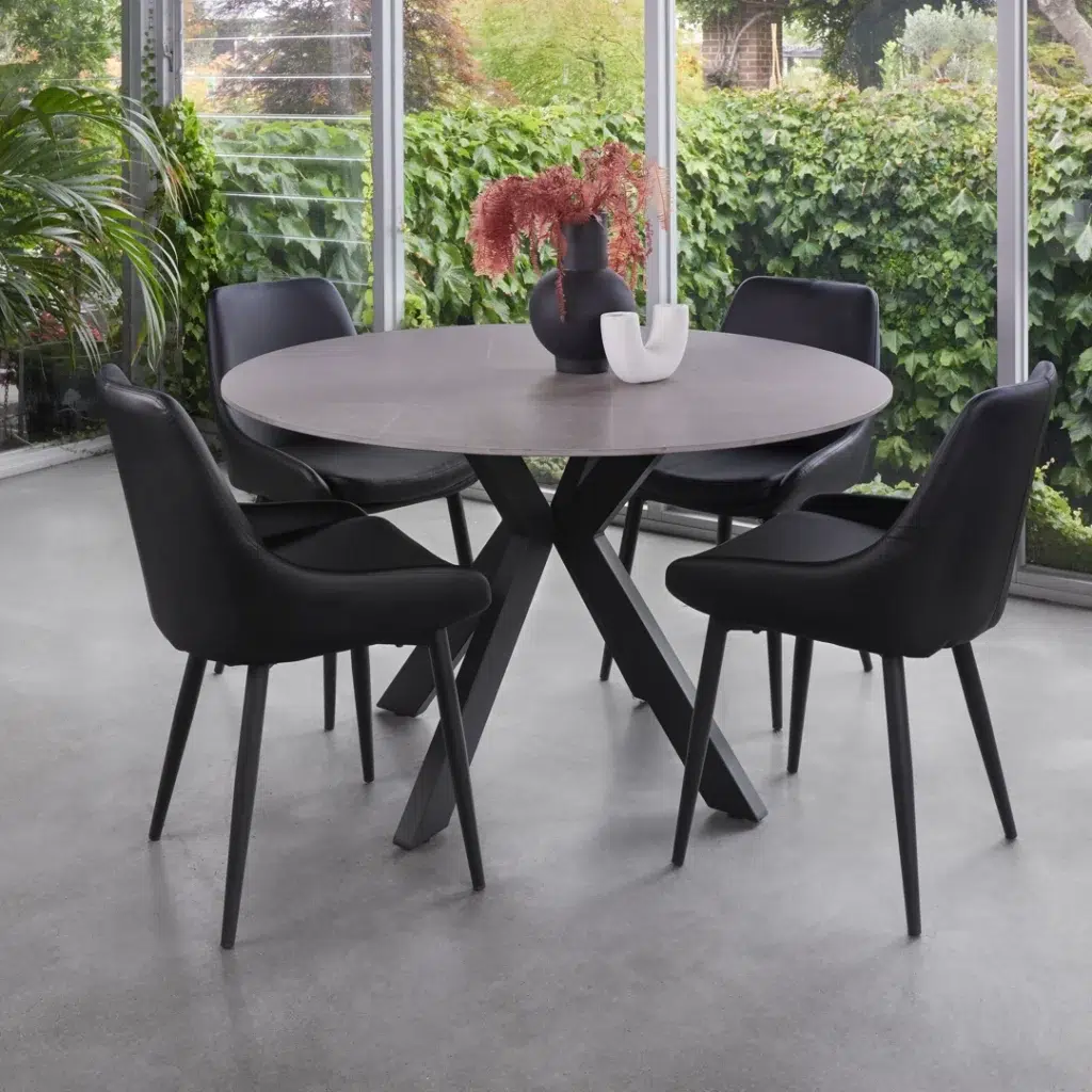 Venice Round Dining Table – Bulgarian Grey Marble Ceramic with Black Legs