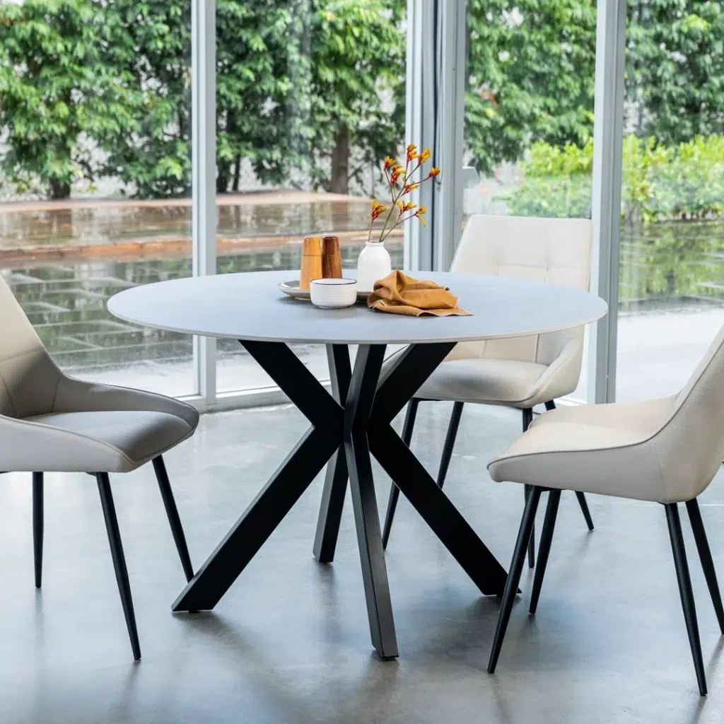 Venice Round Dining Table – Bulgarian Grey Marble Ceramic Top with Black Metal Legs