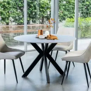 Venice Round Dining Table – Bulgarian Grey Marble Ceramic Top with Black Metal Legs