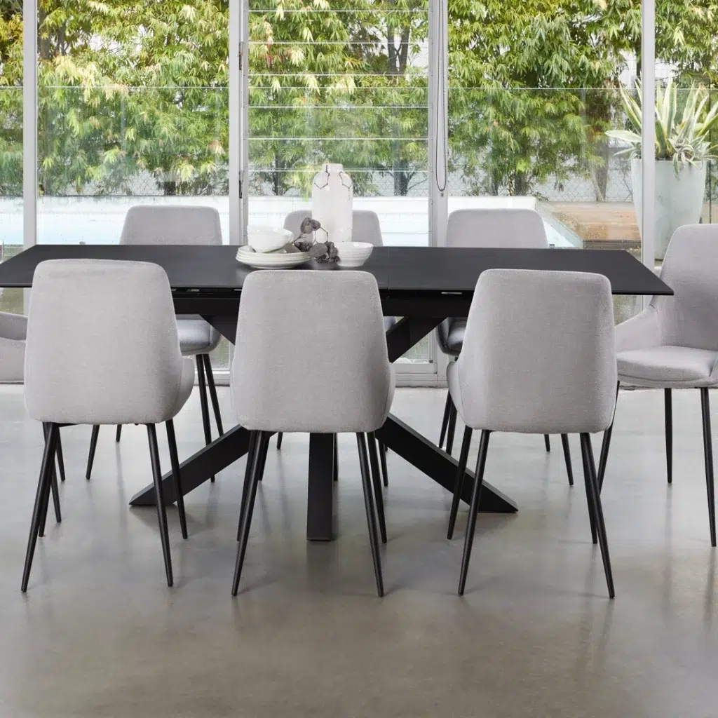 Venetti expandable dining table with ceramic top and black steel frame