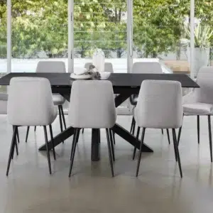 Venetti expandable dining table with ceramic top and black steel frame