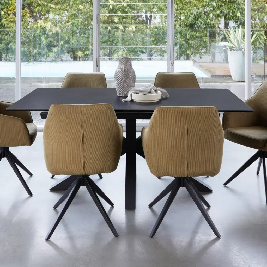 Olive corduroy dining chair with swivel base and black metal frame set of 2