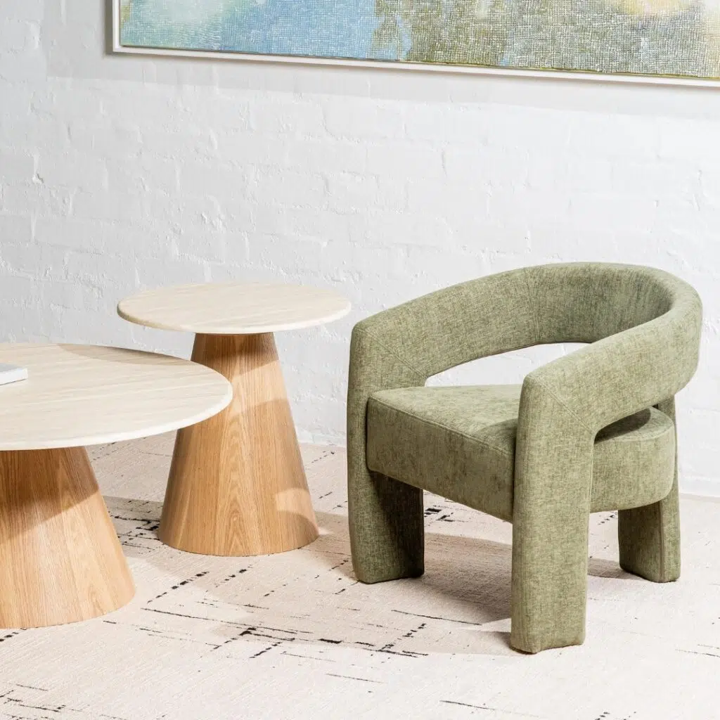 Calgary occasional chair in olive boucle fabric with ergonomic design and vibrant texture