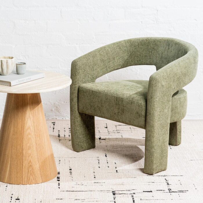 Calgary occasional chair in olive boucle fabric with ergonomic design and vibrant texture