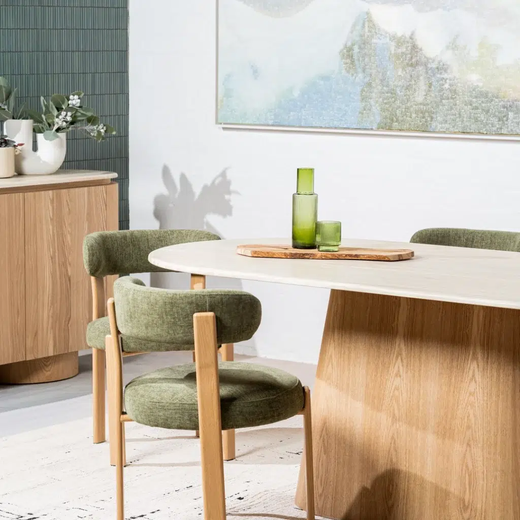 Carmo dining chair in olive set of 2 with ash-finished legs and textured boucle fabric