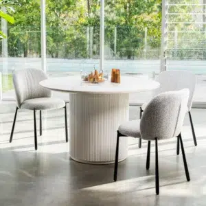 Miya Dining Chair Oyster White Set of 2 with boucle fabric and black metal frame