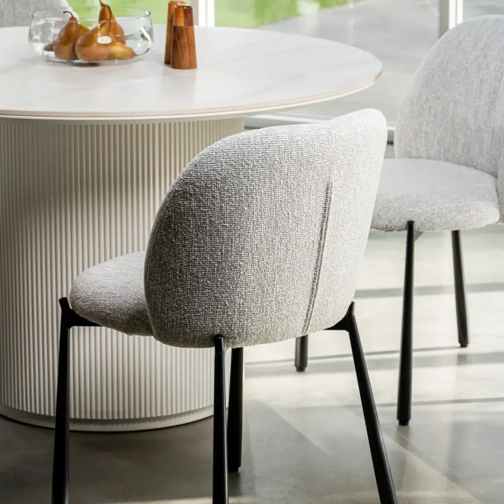 Miya Dining Chair Oyster White Set of 2 with boucle fabric and black metal frame