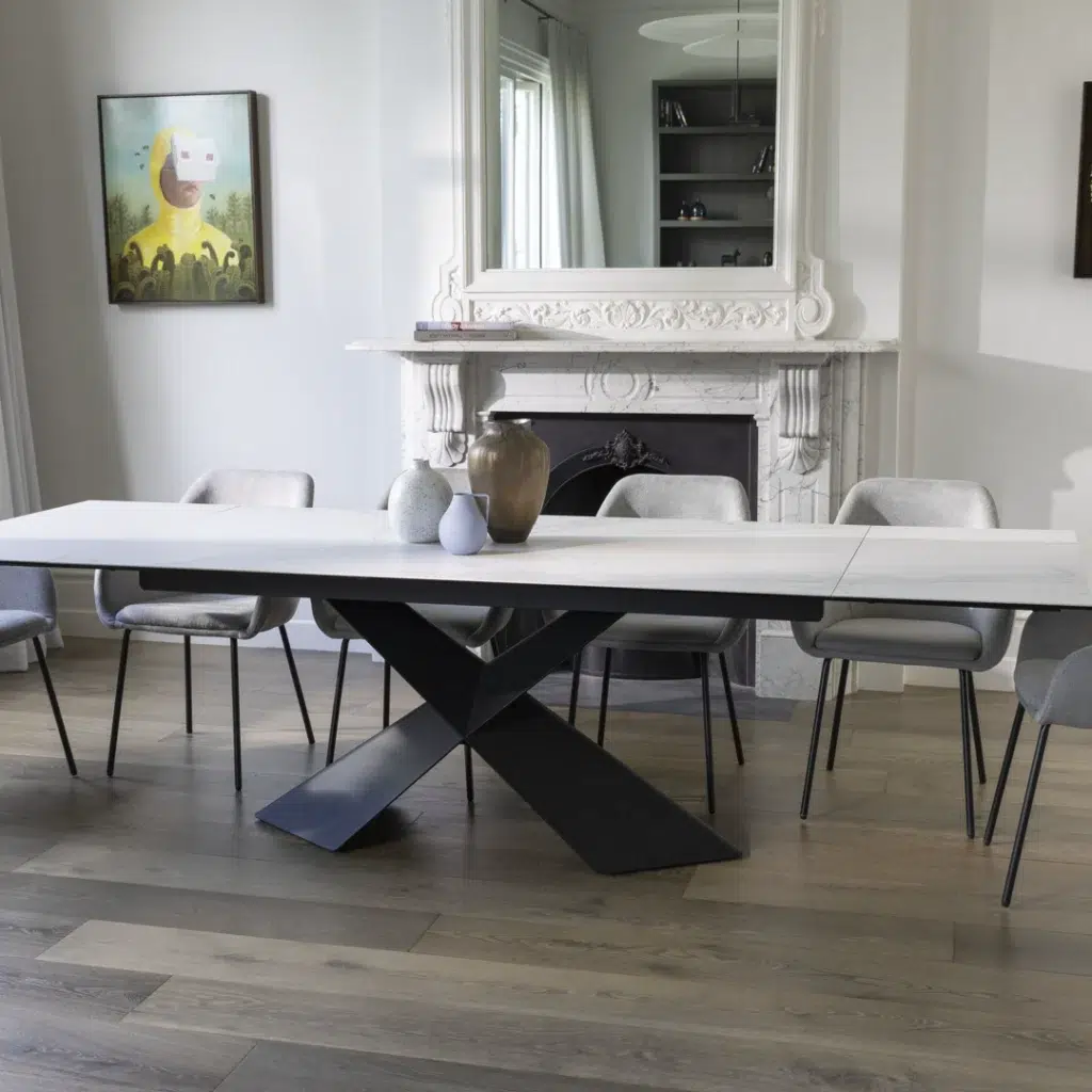 Zulu Extension Dining Table, Vermont Ceramic, Expandable Steel Frame, Ceramic Top