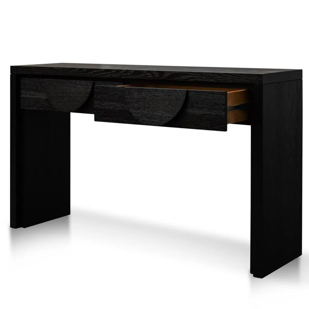 Cedric 1.4m console table with textured espresso black finish and curved handles for modern interiors