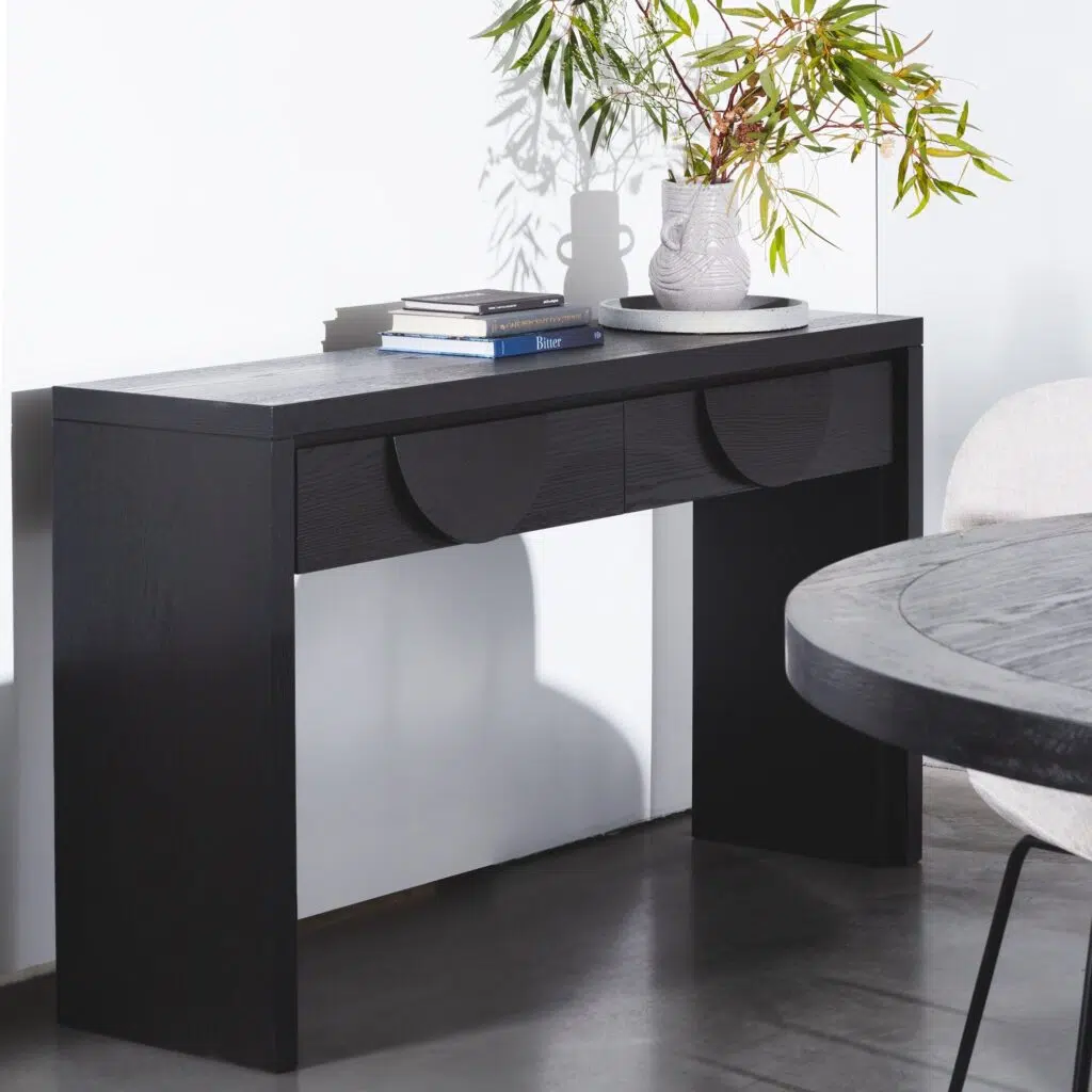 Cedric 1.4m console table with textured espresso black finish and curved handles
