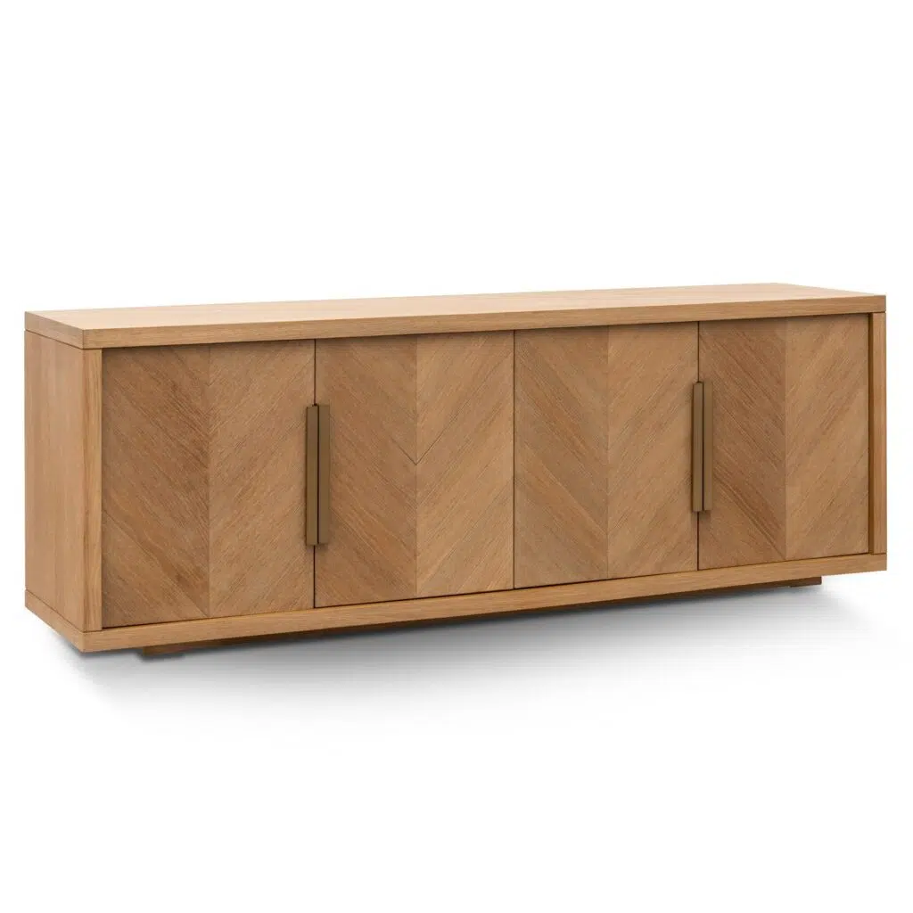 Calista 2m buffet unit in dusty oak with brushed gold handles and modern design