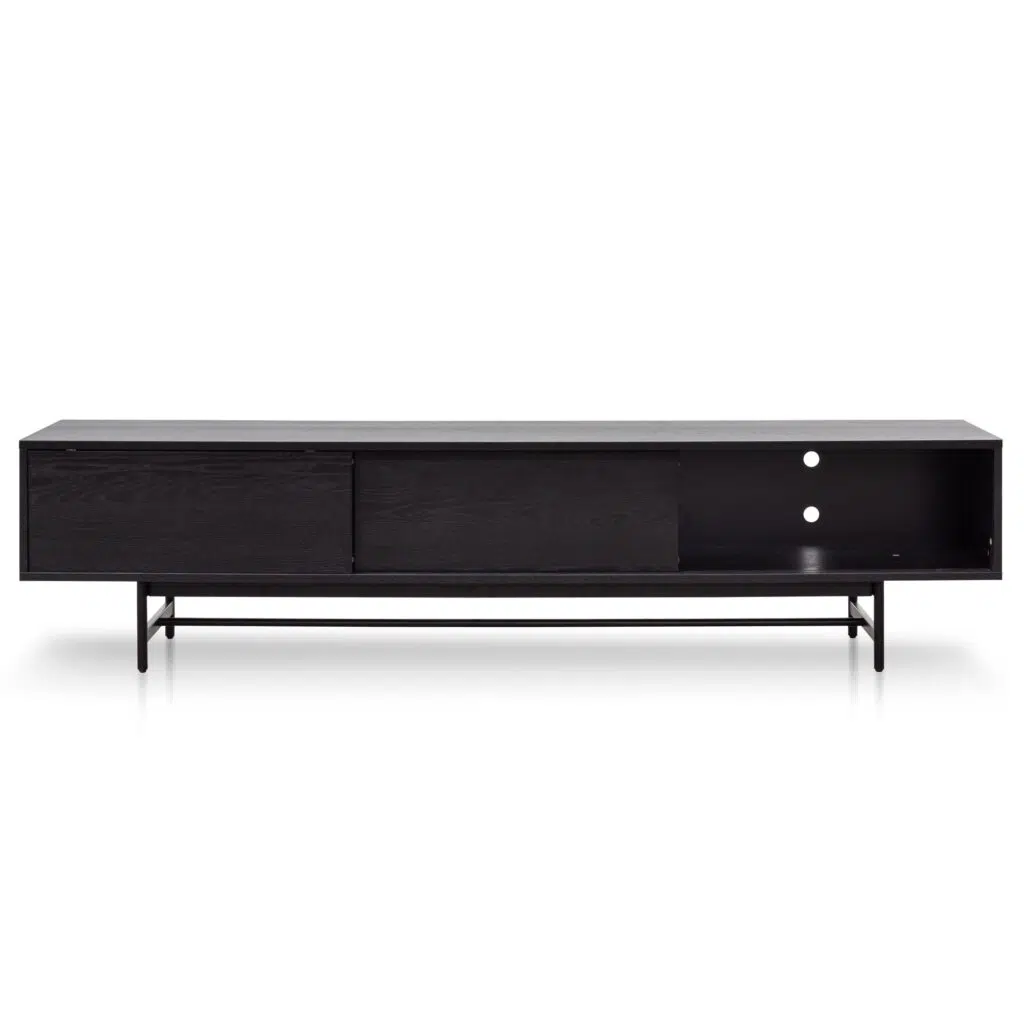 Giselle 2.1m full black wooden TV unit with sleek modern design and hidden storage compartments