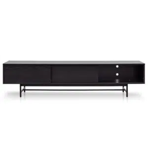Giselle 2.1m full black wooden TV unit with sleek modern design and hidden storage compartments