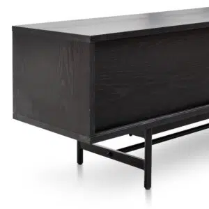 Modern 2.1m full black wooden TV unit with sleek design and hidden storage compartments