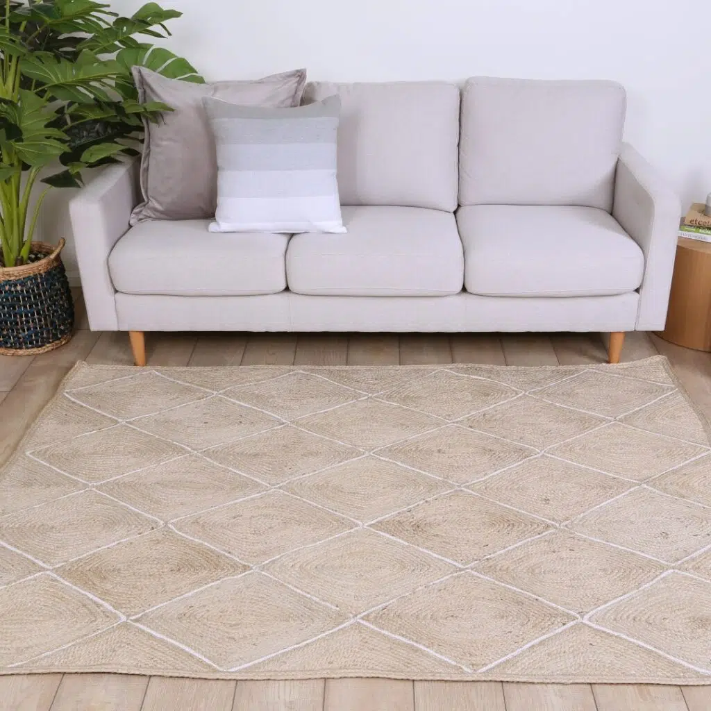 Handwoven Artisan Pearl Diamond Rug with Geometric Patterns, Natural Jute & Cotton, Neutral Tones for Modern & Traditional Spaces