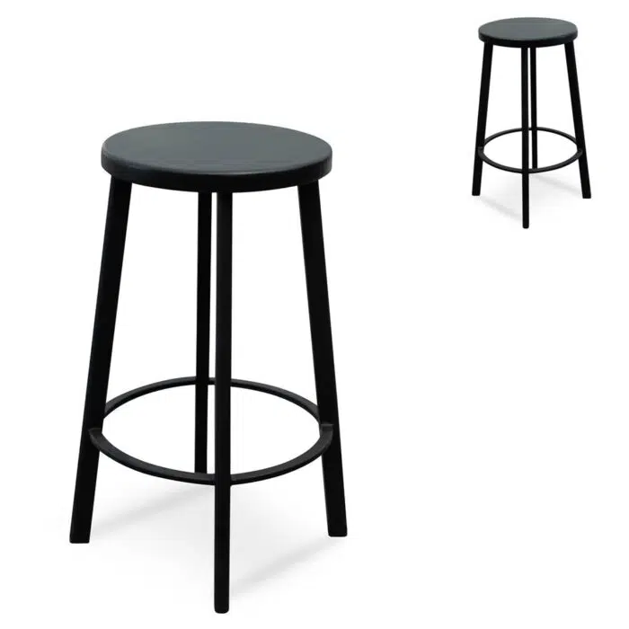 Rumae 65cm Bar Stool with Black Timber Seat – Black Frame (Set of 2)