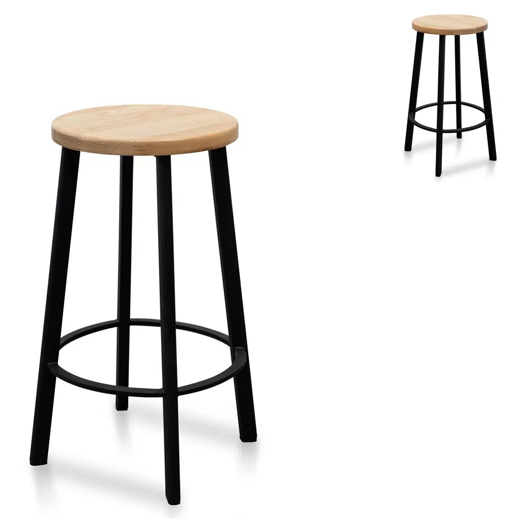 Enoe 65cm Bar Stool Natural Timber Seat Black Frame Set of 2