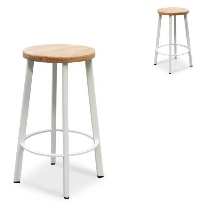 Loni 65cm Bar Stool – Natural Timber Seat – White Frame (Set of 2)