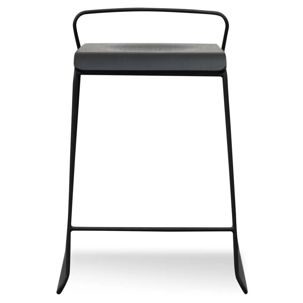 Elegant black wooden bar stool with minimalist design and durable steel base