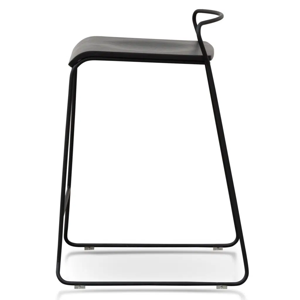 Black wooden bar stool with minimalist design and natural grain texture.