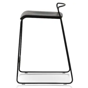 Black wooden bar stool with minimalist design and natural grain texture.