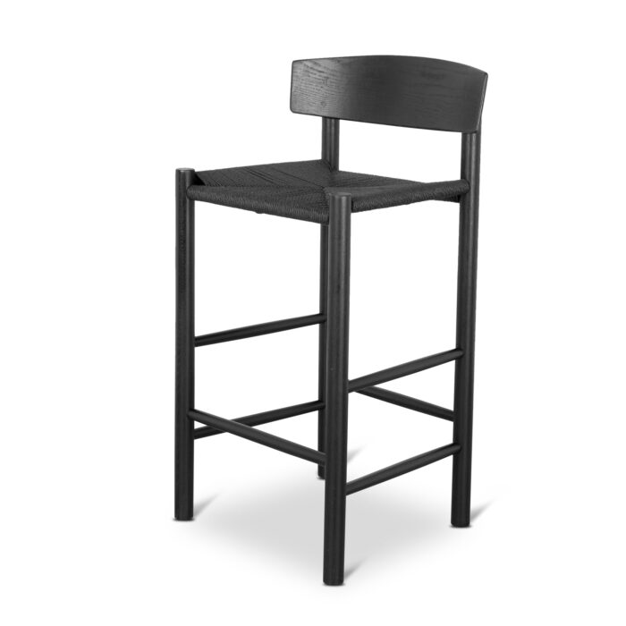 Black Bar Stool with Backrest, Solid Oak & Cane Design